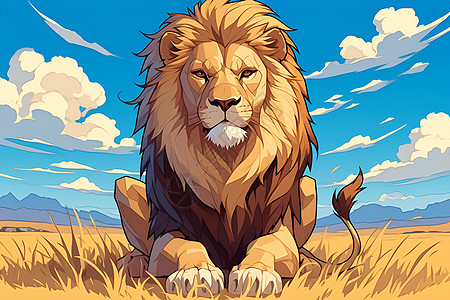 狮子蹲在草地上图片