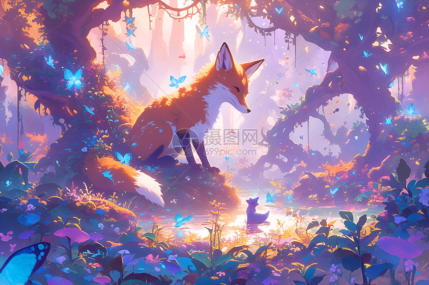 森林中独坐的狐狸图片