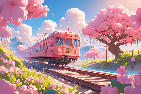 粉色火车穿过樱花树图片