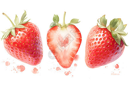 三个草莓在白色背景上排成一行图片