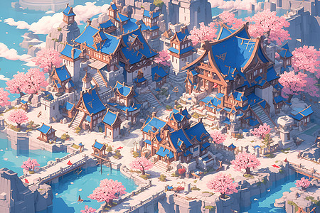 樱花的童话村庄图片