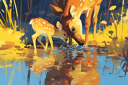 母鹿和幼鹿驻足饮水图片