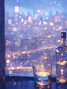 城市灯光夜景窗外点点细雨醇香夜景与酒插画