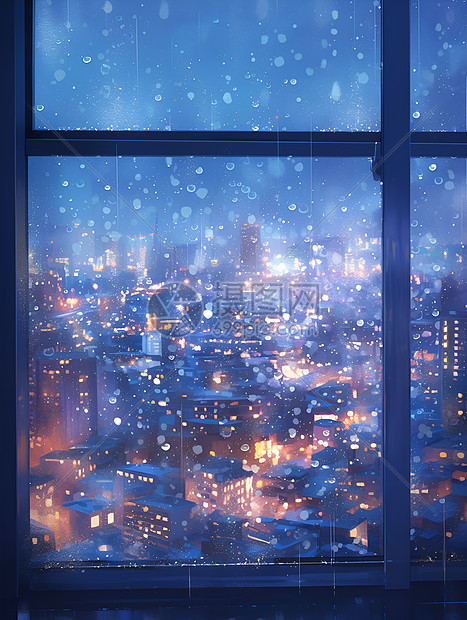暮色中窗前雪景图片