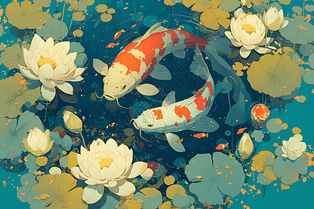 缤纷莲花与游动的锦鲤图片