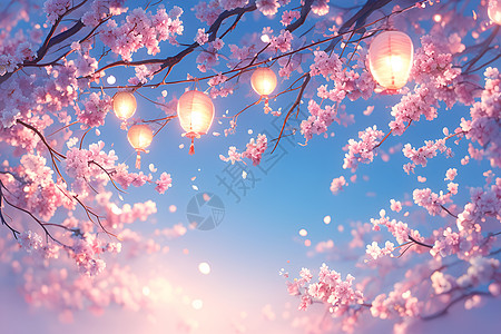悬浮的灯笼与樱花高清图片