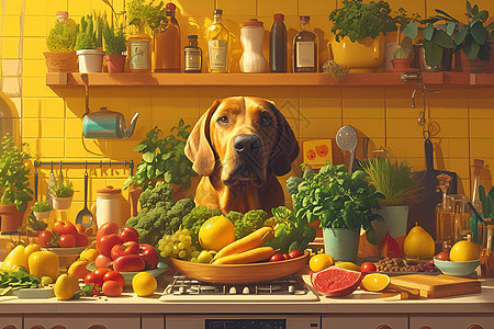 狗坐在堆满蔬菜的厨房里图片