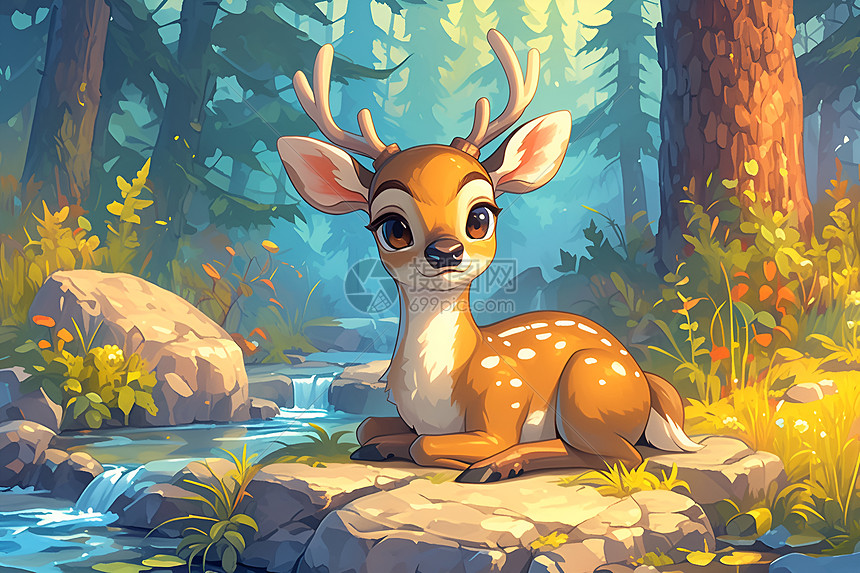 可爱的鹿坐在森林中图片