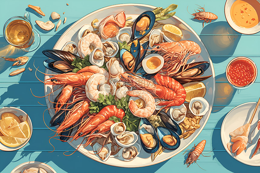 盘子里的海鲜大餐图片