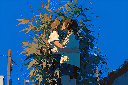 竹子前拥抱的情侣图片