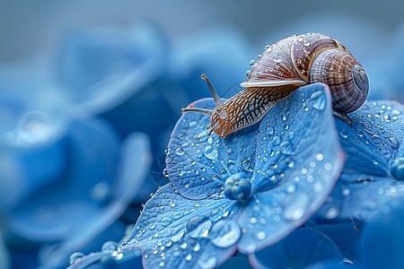 水滴花瓣上的小蜗牛图片