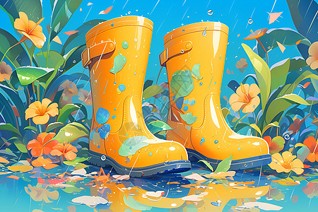花草丛里的黄色雨靴图片