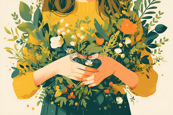 双手环抱植物的女孩图片