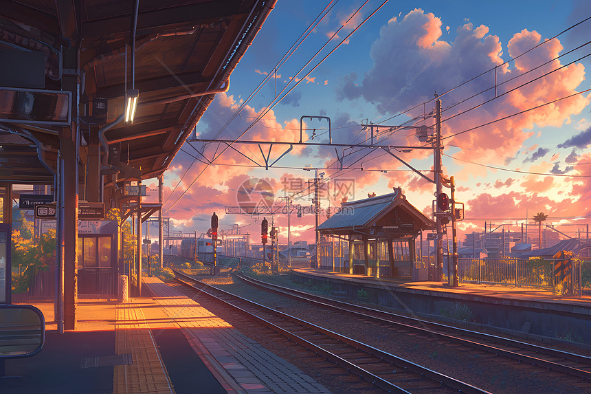 夕阳下的火车站图片