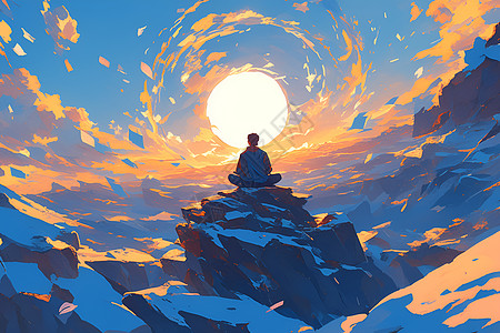 夕阳下的人山顶日出下冥想的人插画