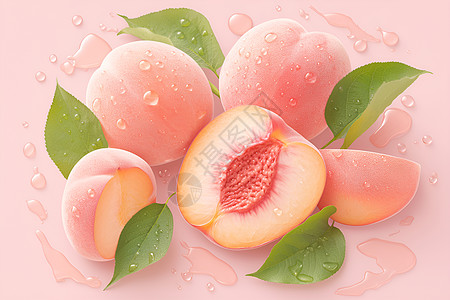 水蜜桃桃子间的绿叶插画