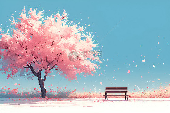 粉色樱花树下的长椅图片