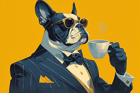喝咖啡的商务狗先生图片
