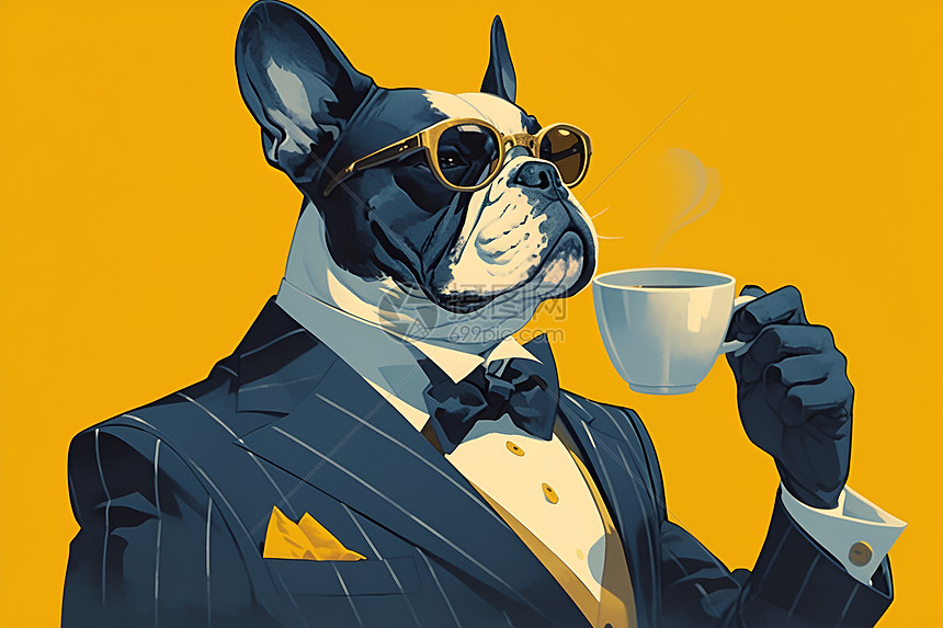 喝咖啡的商务狗先生图片