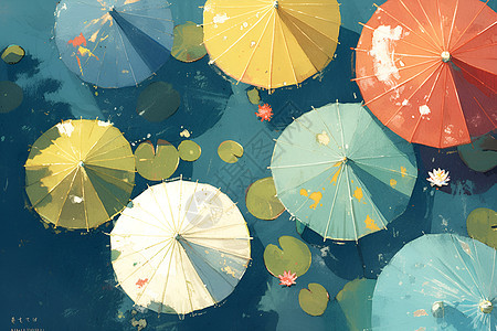 伞与荷叶的艺术碰撞图片