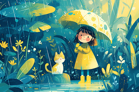猫咪与女孩雨中探险图片