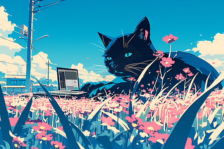 黑猫倚靠在有电脑的花海图片