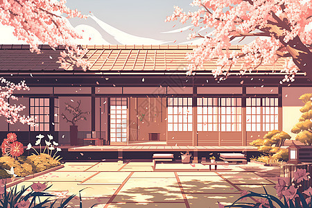 樱花树下的房屋图片