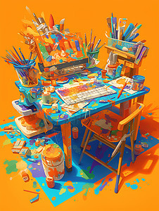 充满色彩的绘画桌子图片