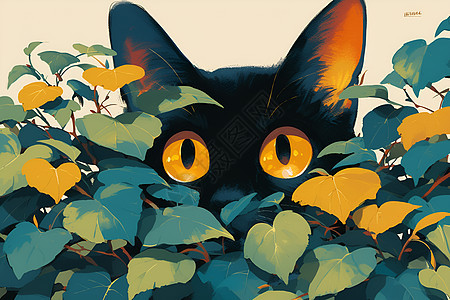 绿叶背后的黑猫图片