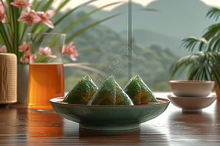 茶碗中绿色的粽子图片素材
