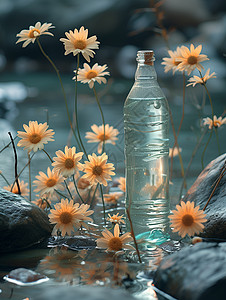瓶装水和菊花图片
