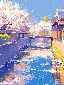 樱花河流上的桥梁图片