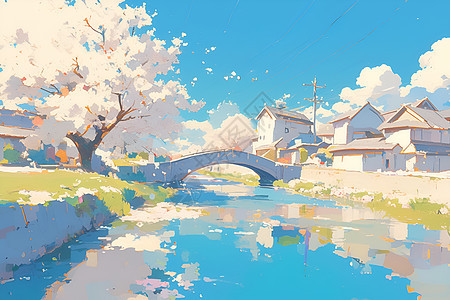 樱花树下的石拱桥图片