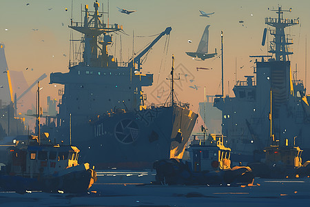 港口的船只插画图片