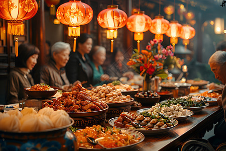 顾客在桌边享用美食图片