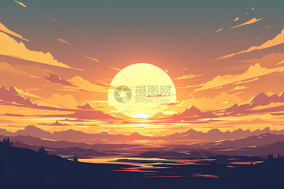 夕阳时的山脉风景图片