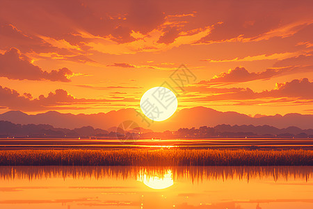 落日余晖下的湖泊图片