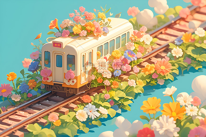 梦幻花海中的火车图片
