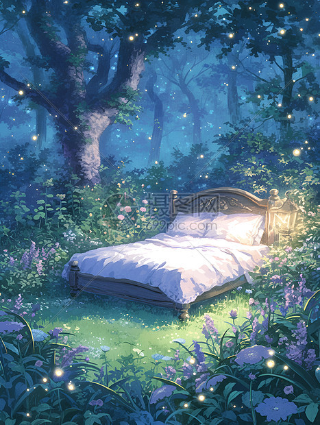 梦幻森林里的木床图片