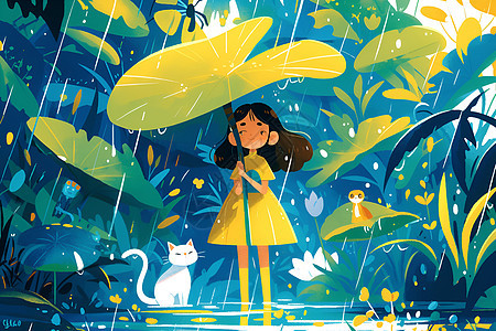 猫与女孩在雨中图片
