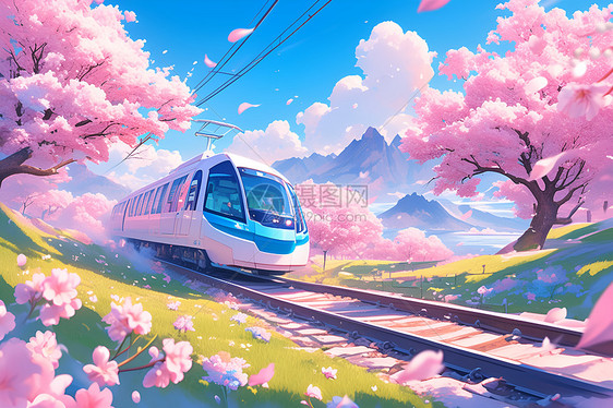 樱花树下的白色列车图片