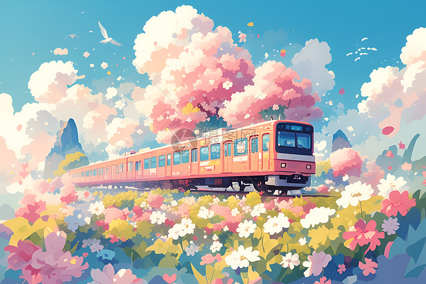 花海中的粉色列车图片