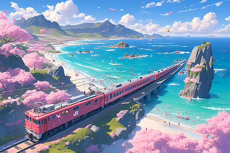 粉色火车穿越大海图片