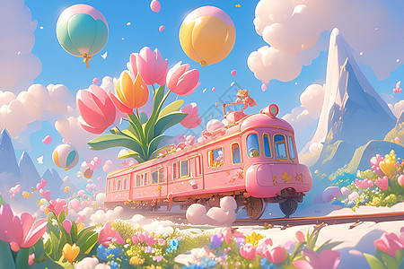 粉色火车穿越花海图片
