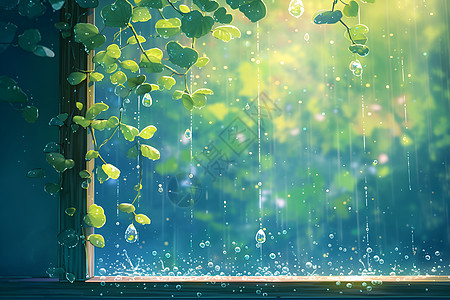 玻璃下雨窗台小雨插画