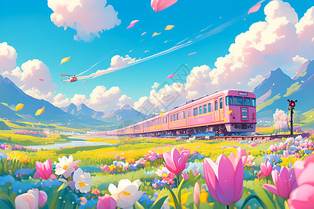 粉色火车穿过盛开的郁金香图片