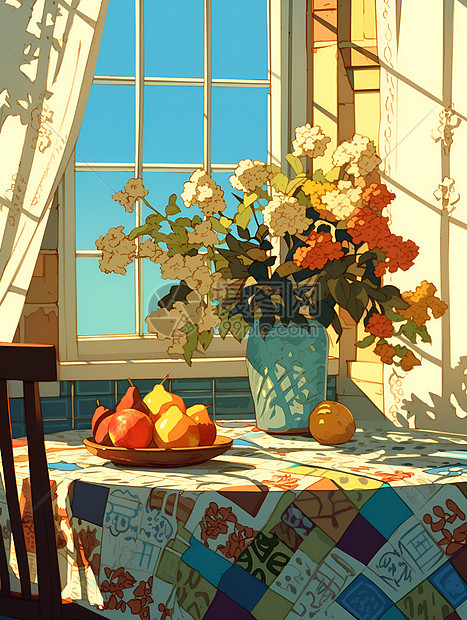 花瓶和水果绘画图片