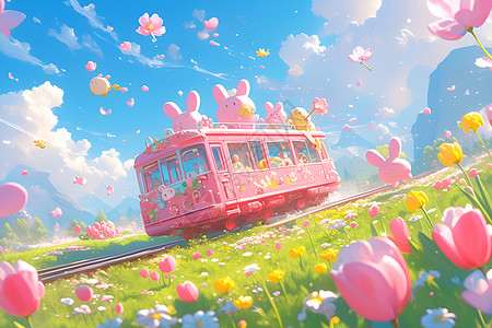 粉色火车穿越花海的奇幻之旅图片