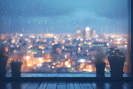 享受城市风景夜雨窗台城市风景插画