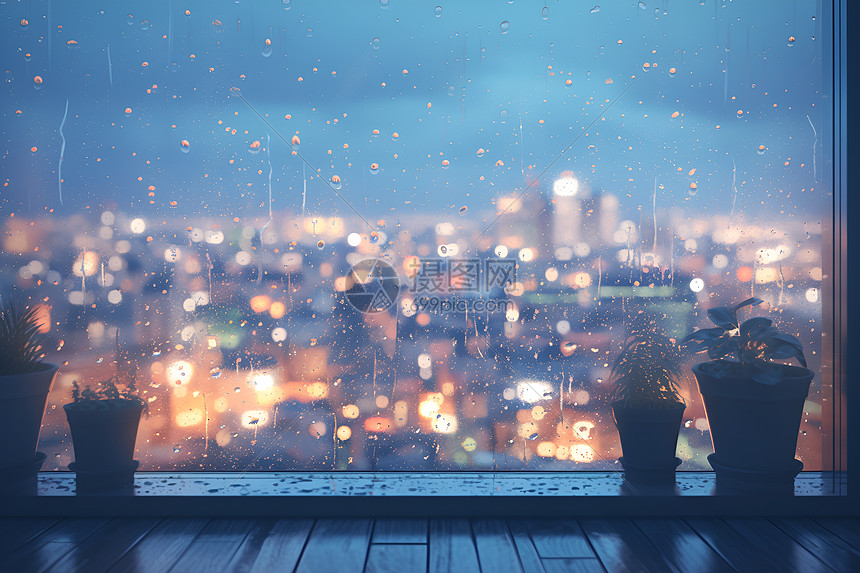 夜雨窗台城市风景图片